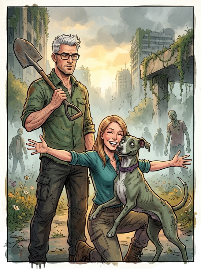 A man with a shovel over his shoulder while a woman kneels hugging a zombie greyhound, in an overgrown ruined city.