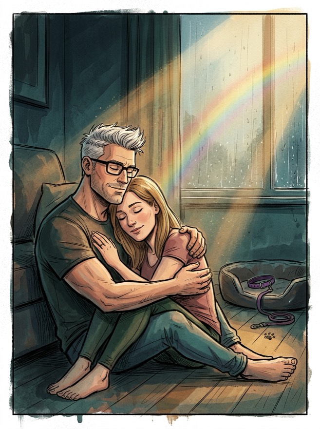 A couple on the floor holding each other, an empty dog bed with a collar and lead beside them, a rainbow through the rain on the window.