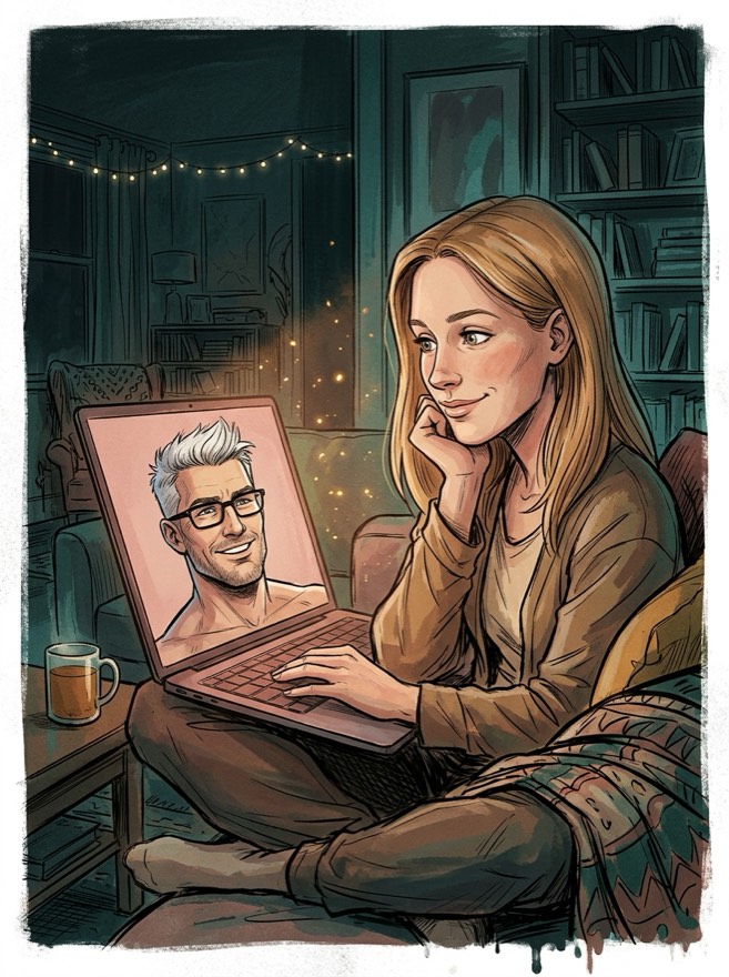 A woman curled on a sofa in a warm lamplit room, smiling at a man on a laptop video call.