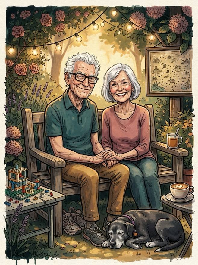 An elderly couple laughing on a garden bench under string lights, a gray-muzzled dog asleep at their feet.